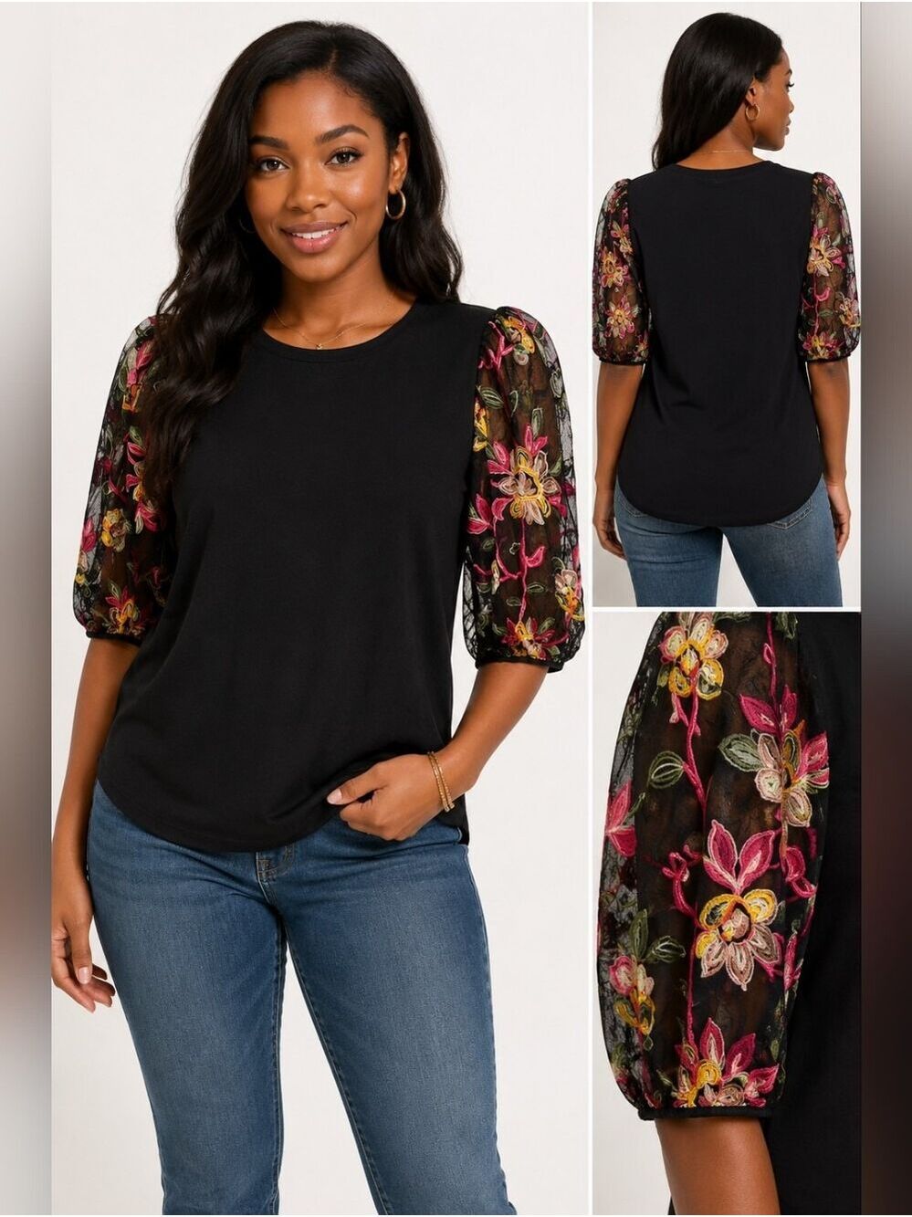 Kim & Cami - Black Top w/ Vibrant Floral Embroidered Puff Sleeves - EUC